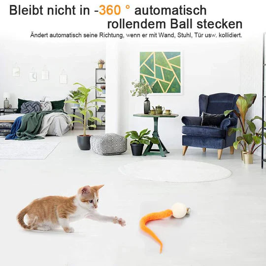 Pet enrichment: interactive cat toy featuring a wagging tail and bell, promoting active playtime for indoor cats.
