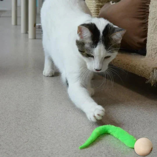 Interactive bell toy for cats, showcasing its wagging tail mechanism for endless indoor playtime fun.
