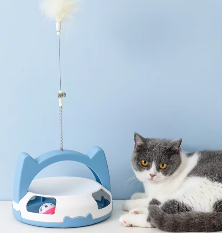 Interactive cat toy with feather wand & rolling ball for playful feline enrichment.