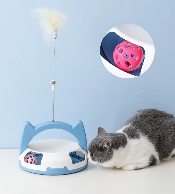 Stimulating cat toy: durable design with a playful feather and captivating rolling ball.