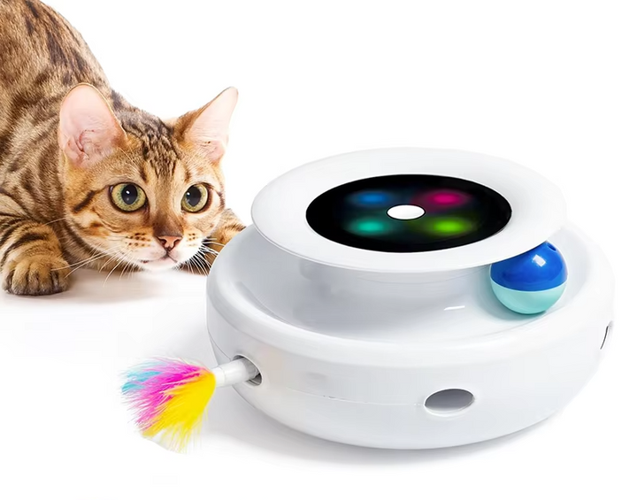 White electronic cat toy for pet enrichment & active feline playtime.