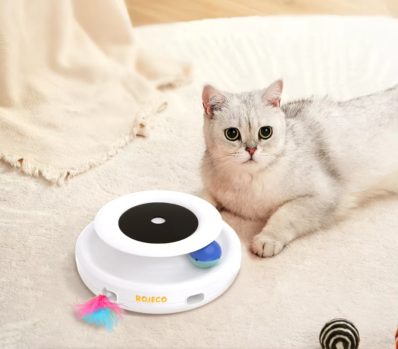 White interactive cat toy for pet enrichment, exercise & playful hunting.