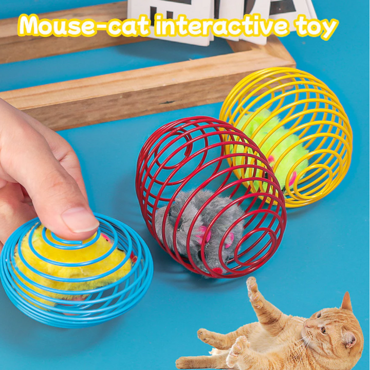 Interactive cat toy with mice in a spiral cage, perfect for playful hunters & pet enrichment. Durable kitten toy.