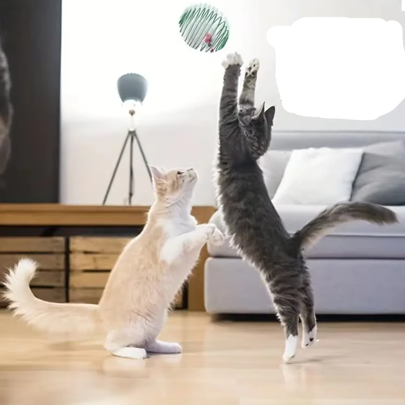 Fun spiral cage cat toy with multiple mice inside, designed for interactive pet play & stimulating hunting instincts.
