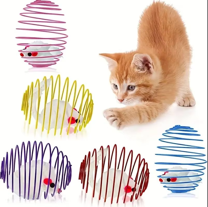 Close-up of an interactive cat toy: multiple colorful mice trapped in a spiral cage for engaging pet play & hunting.