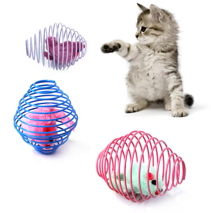 Engaging interactive cat toy with playful mice in a spiral cage, ideal for pet enrichment & active hunting fun.