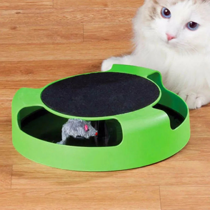Interactive cat toy with moving mouse for feline fun & mental stimulation.