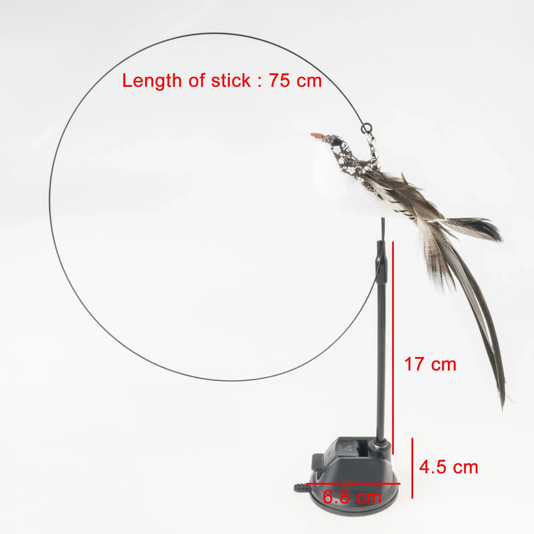 Suction cup cat entertainment toy featuring an interactive bird for indoor cat play
