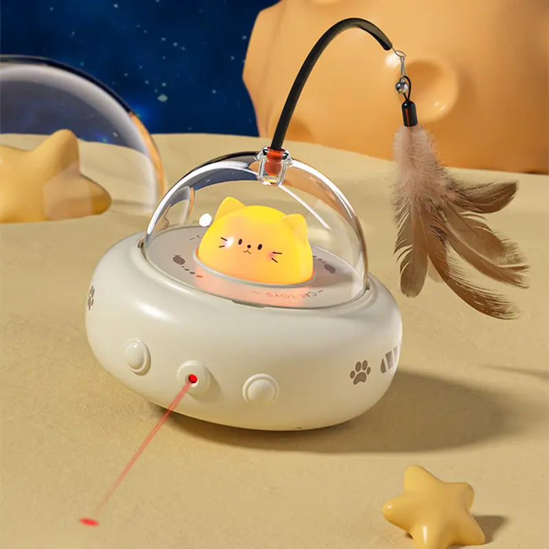 Futuristic interactive cat UFO laser toy, perfect for engaging pet play & promoting cat activity.