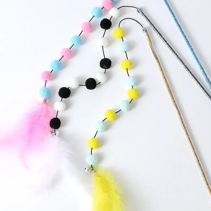 Active cat interactive play rod toy, stimulating feline instincts with feathers & pompoms for endless fun.