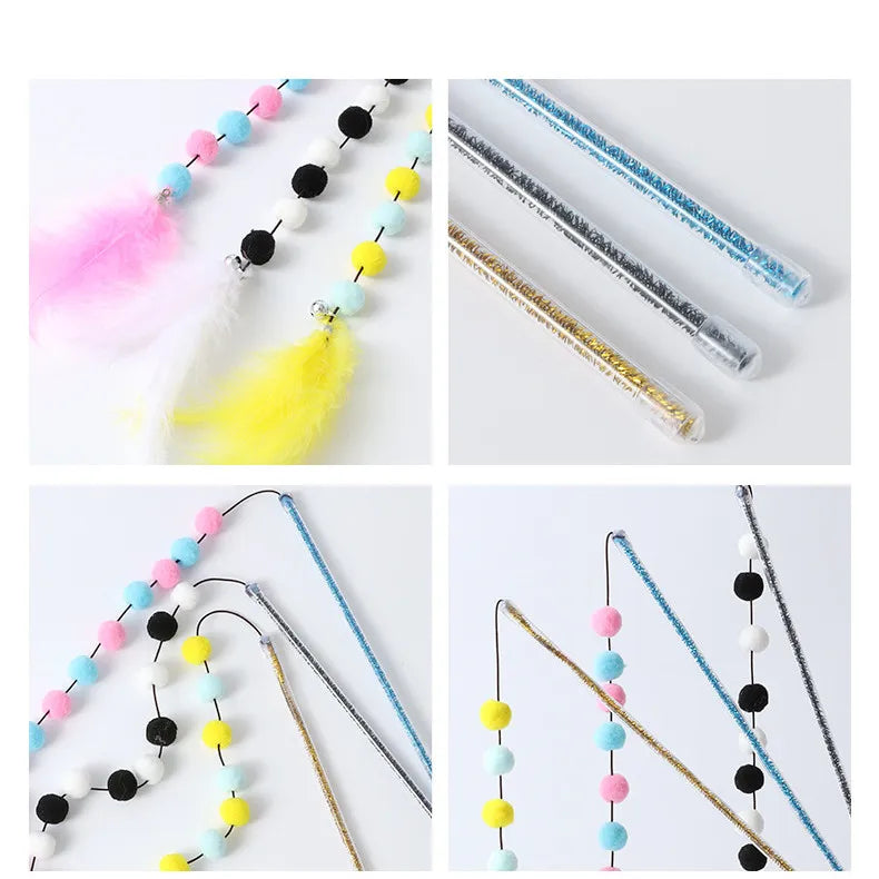 Bright interactive cat toy with a long rod, vibrant feathers, and soft pompoms for engaging playtime fun.