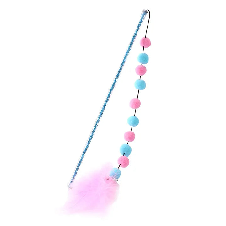 Interactive cat play rod with tantalizing feathers & fluffy pompoms, a superb kitten & active cat boredom buster.