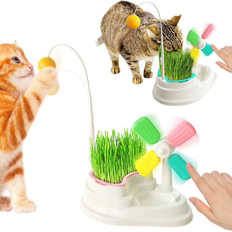 Interactive cat windmill toy for mental stimulation & physical exercise.