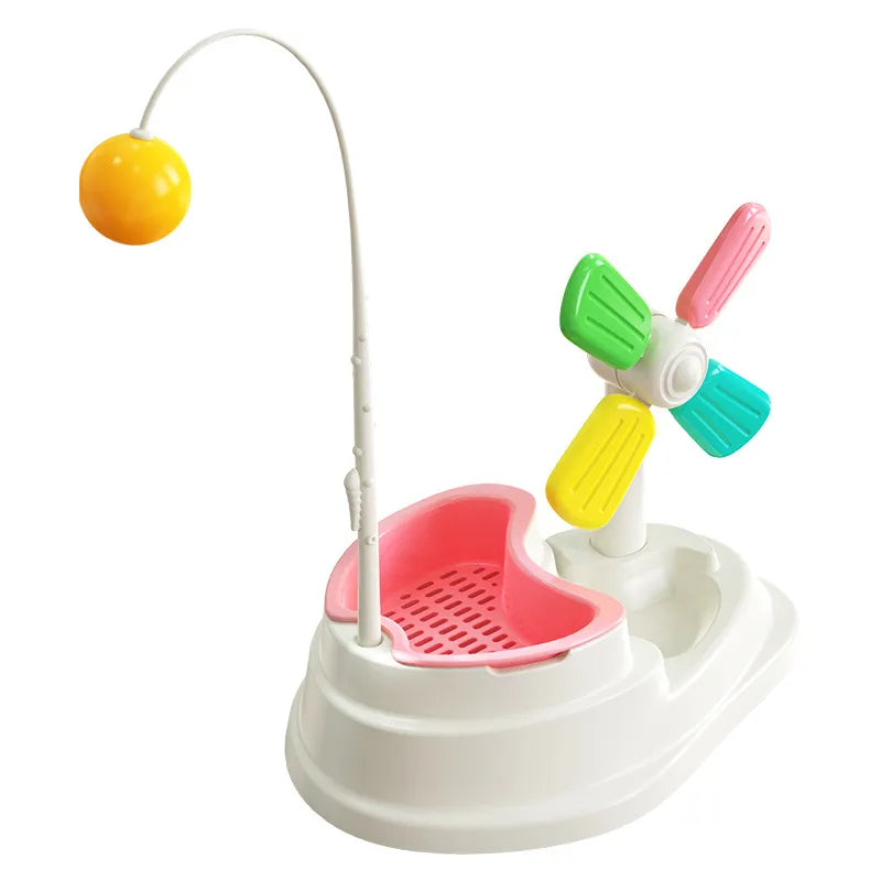 Interactive cat windmill toy with rotating features for mental & physical feline play.