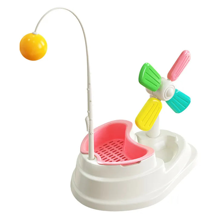 Interactive cat windmill toy with rotating features for mental & physical feline play.