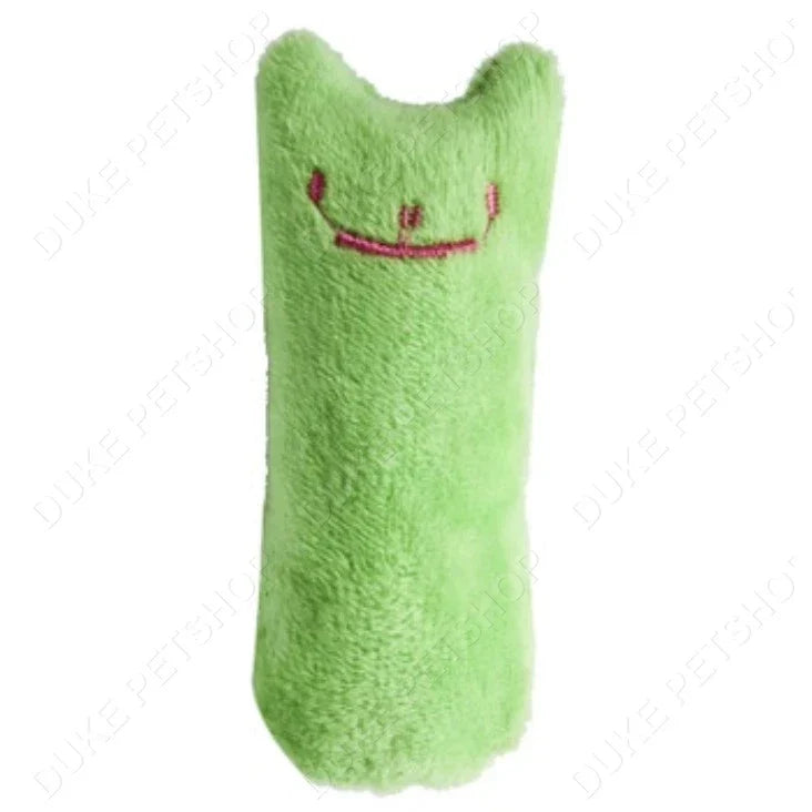 Adult cat interacting with a catnip-filled chew toy; promotes active pet play.