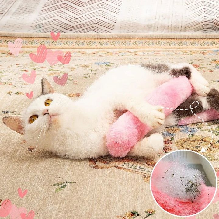 Cute cat pouncing on an interactive catnip plush pillow, providing endless feline play & comfort.