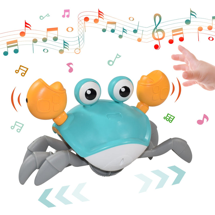 Baby enjoys musical crawling crab toy, encouraging early development and movement