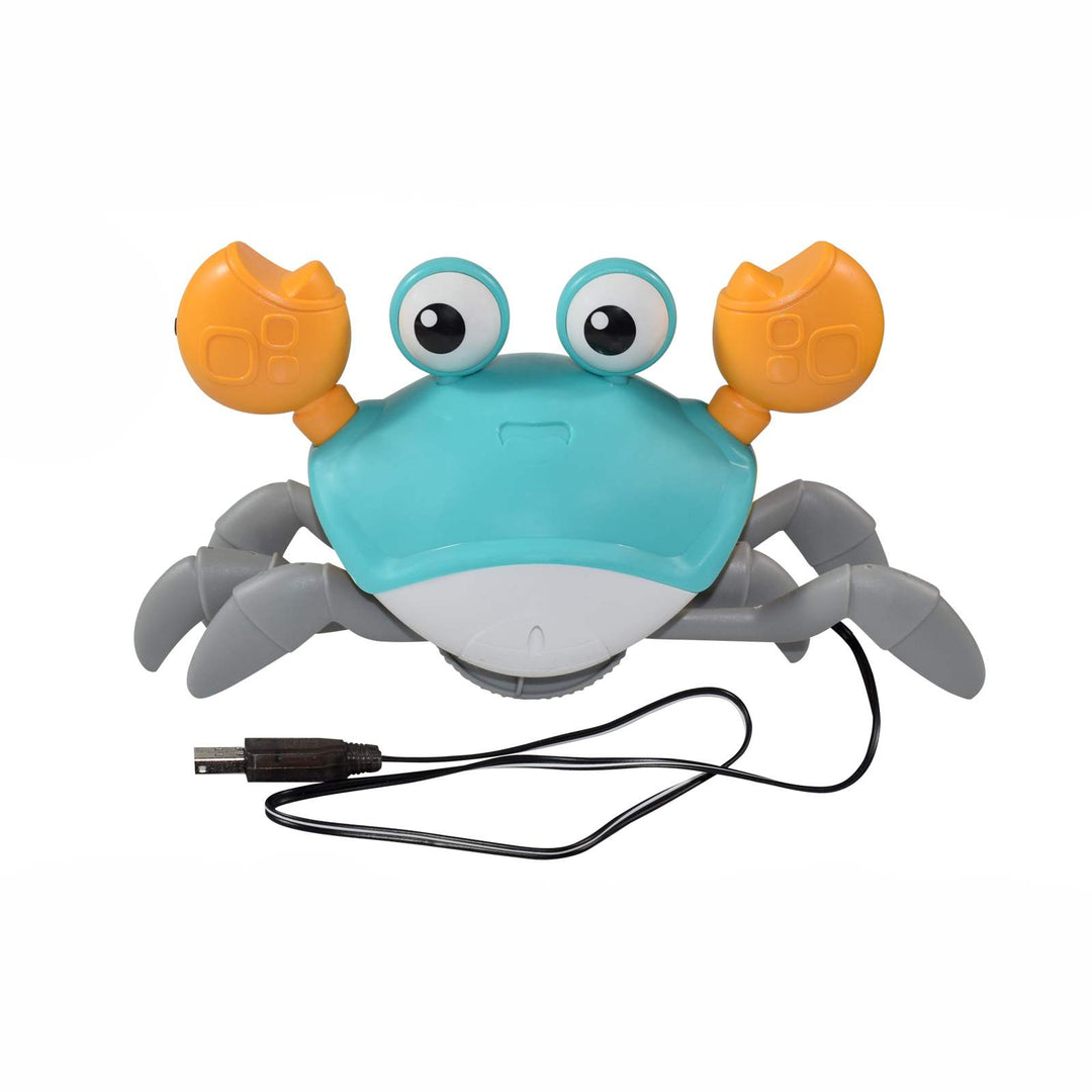 Cute crab crawling toy with flashing lights and sounds, perfect for infant sensory play