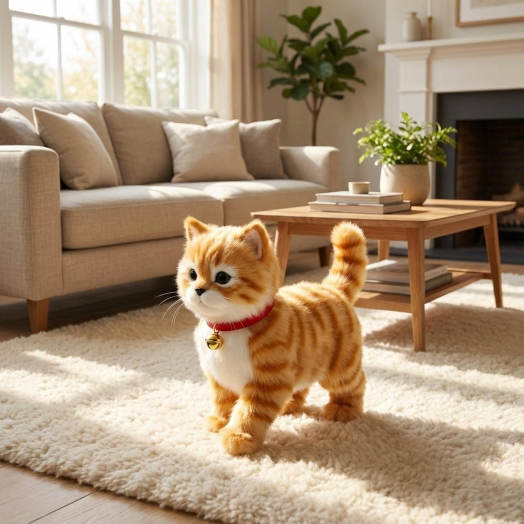 Interactive cuddly plush cat toy for kids with realistic movements and purring sounds.