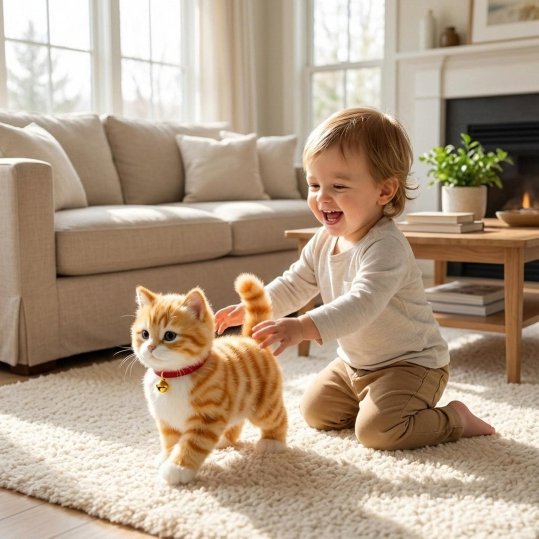 Realistic battery-operated cat toy, perfect for pretend play and developing empathy in children.