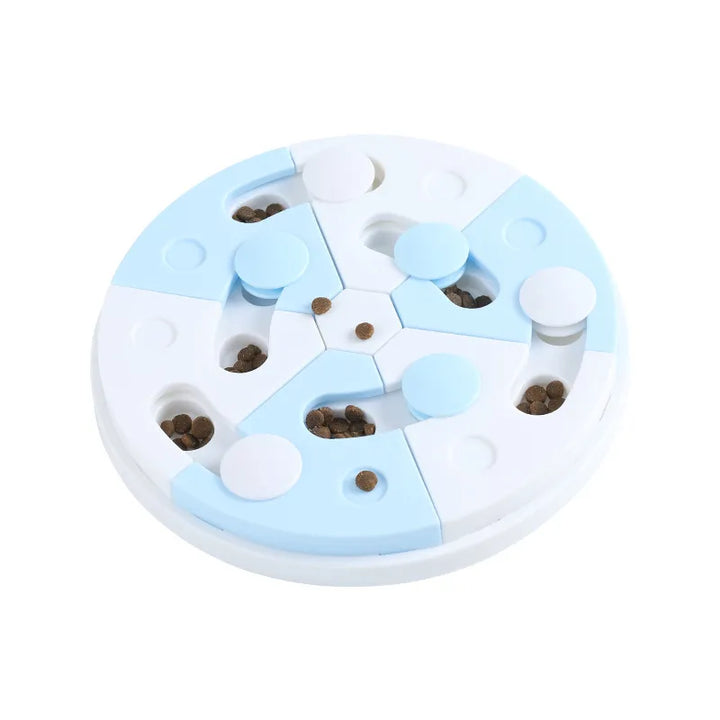 Pet interactive puzzle toy for mental stimulation. Treat dispenser and slow feeder for cats and dogs.
