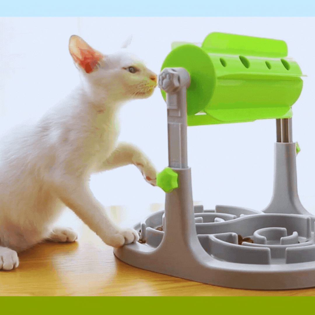 Interactive dog food dispenser with rotating slow feeder for mental stimulation & healthy eating.