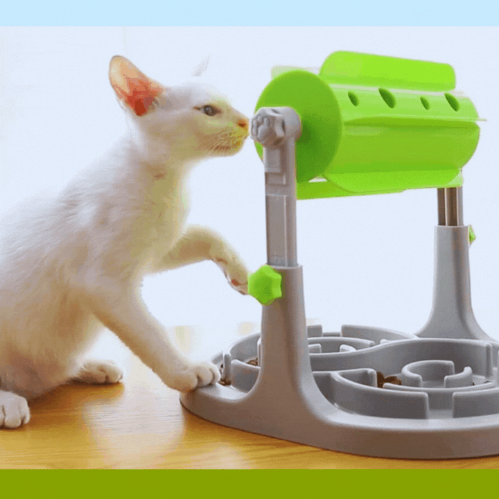 Interactive dog food dispenser with rotating slow feeder for mental stimulation & healthy eating.