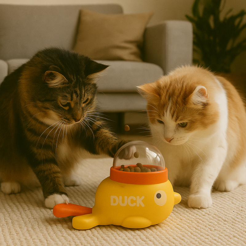 Interactive duck puzzle feeder toy for cats and dogs, dispensing treats for mental stimulation.