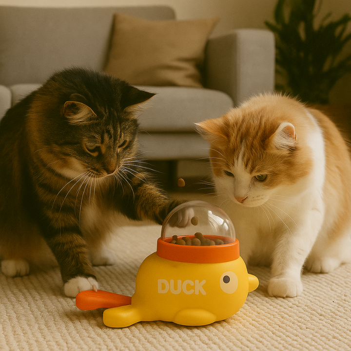 Interactive duck puzzle feeder toy for cats and dogs, dispensing treats for mental stimulation.