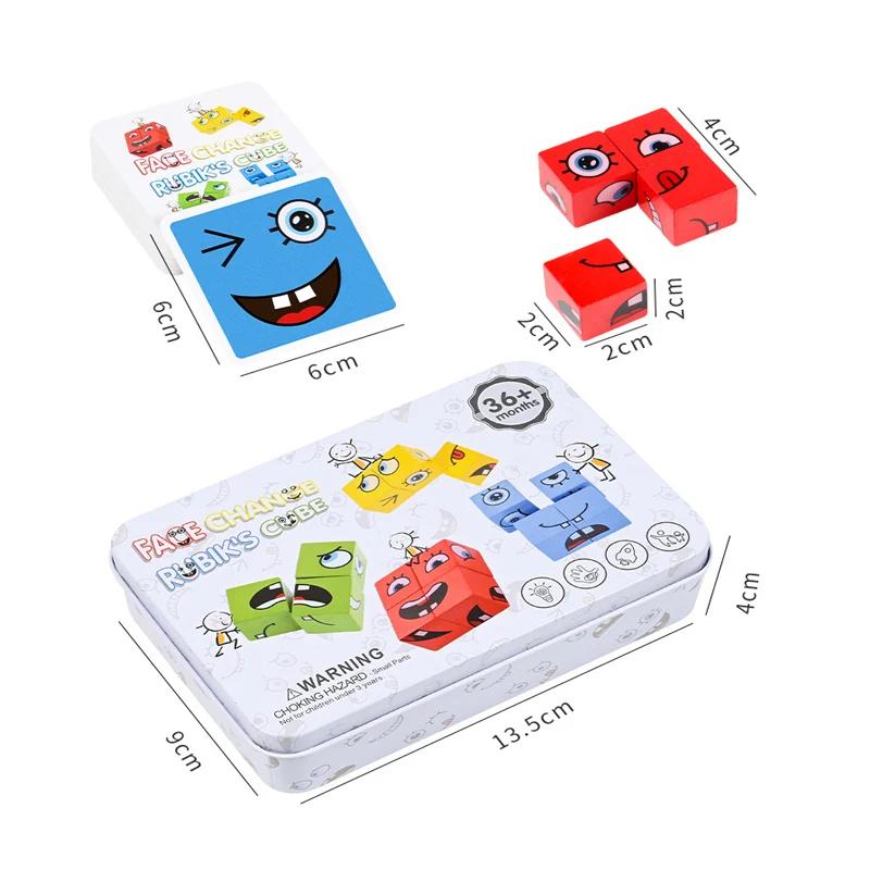 Close-up of colorful wooden building blocks used in a face-changing puzzle game for children's education.