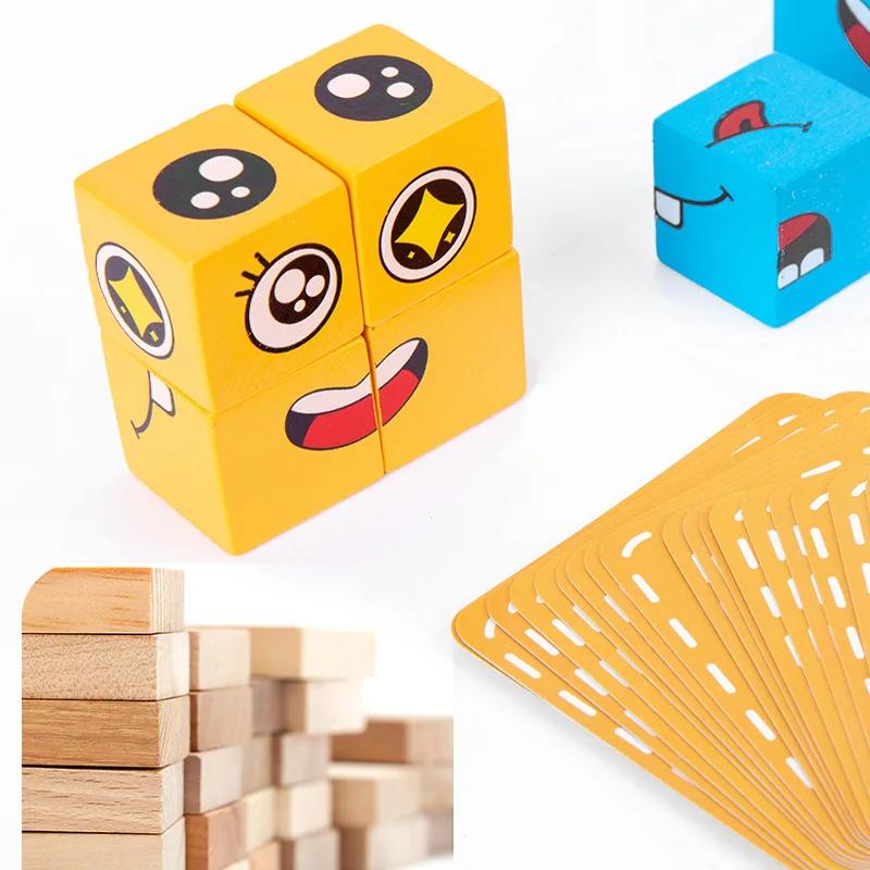 Children playing an educational building blocks board game with expressive face matching puzzles.