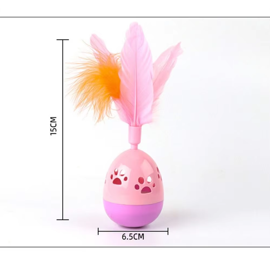 Close-up of a vibrant feather ball cat toy, designed for stimulating interactive pet play.