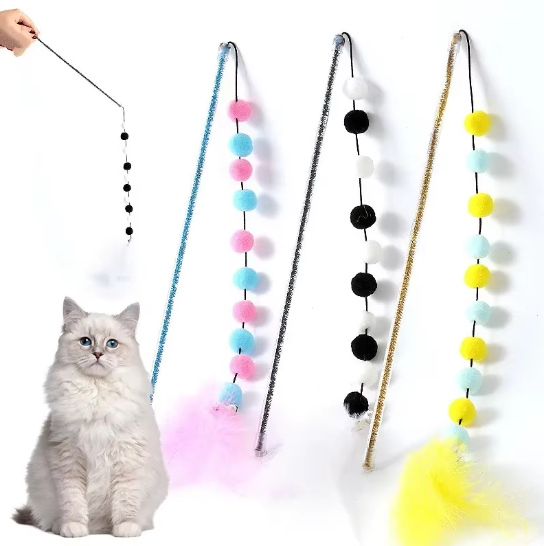 Interactive fishing rod cat toy with soft pom-pom & colorful feathers, stimulating pet play & exercise.