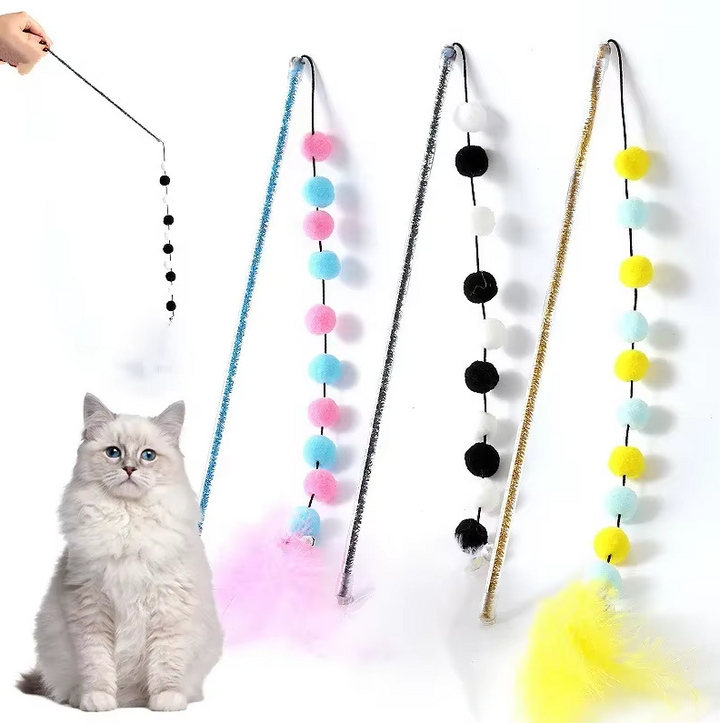 Interactive fishing rod cat toy with soft pom-pom & colorful feathers, stimulating pet play & exercise.