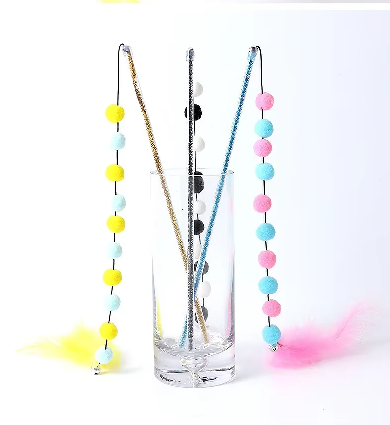 High-quality interactive fishing rod cat toy with pom-pom feathers, perfect for kitten exercise & feline enrichment.