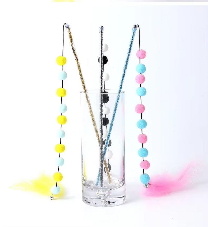 High-quality interactive fishing rod cat toy with pom-pom feathers, perfect for kitten exercise & feline enrichment.