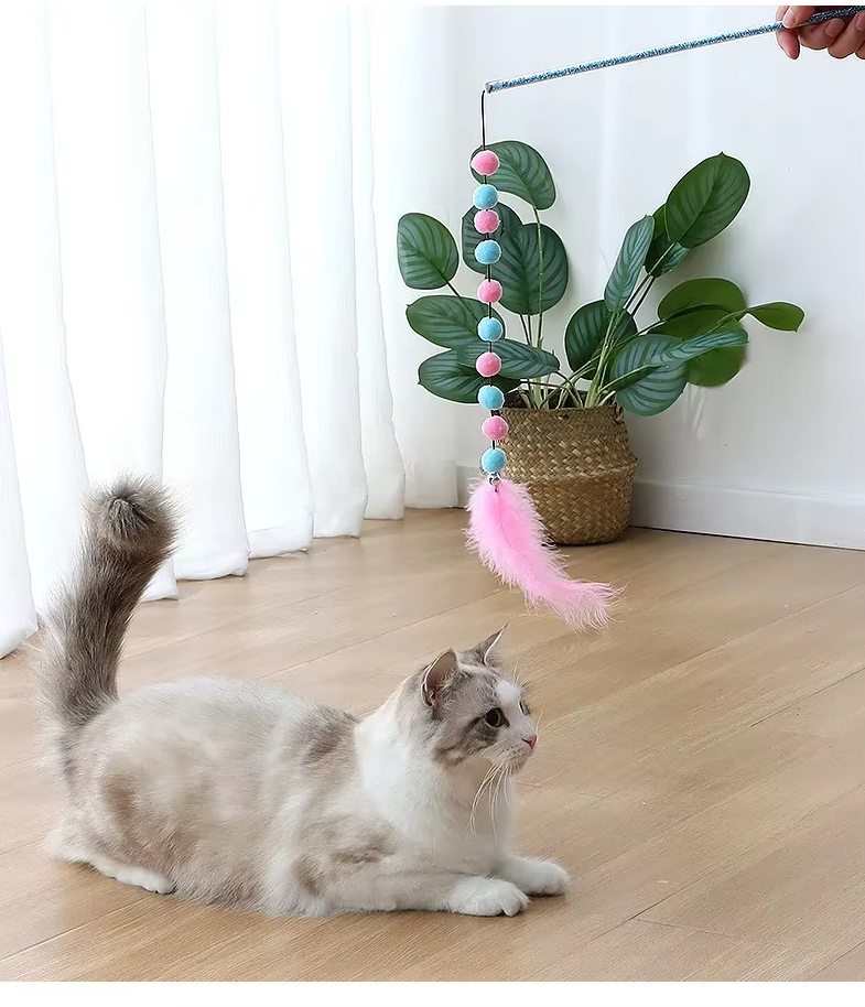 Energetic kitten batting at an interactive fishing rod cat toy's pom-pom & feather attachment, promoting healthy play.