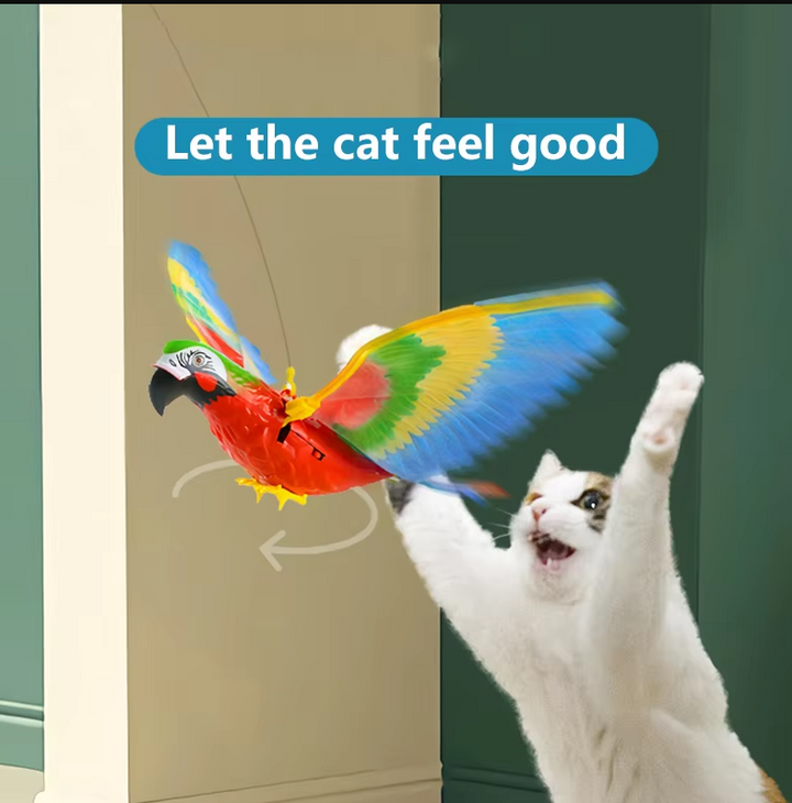 Close-up of a realistic flying eagle cat toy. Perfect interactive hunting toy for your feline's fun.