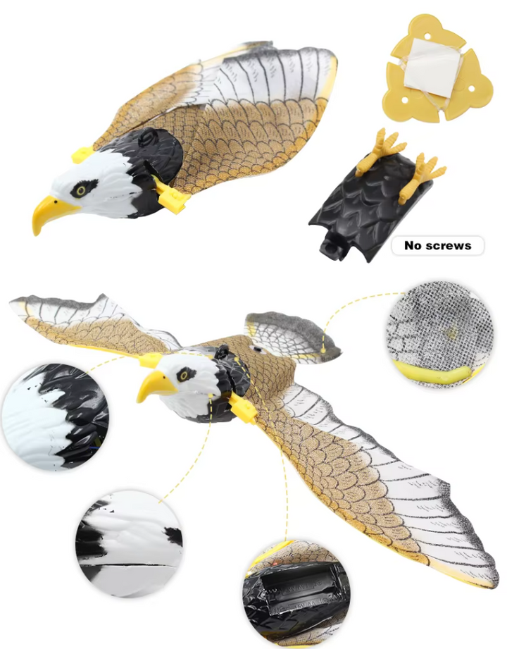 Action shot of a cat pouncing on the flying eagle hunting toy. Ideal for stimulating feline play.