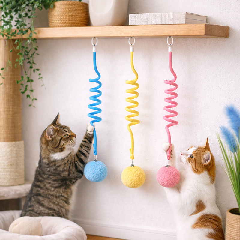 Interactive hanging cat toy with suction cup and plush ball for indoor cats