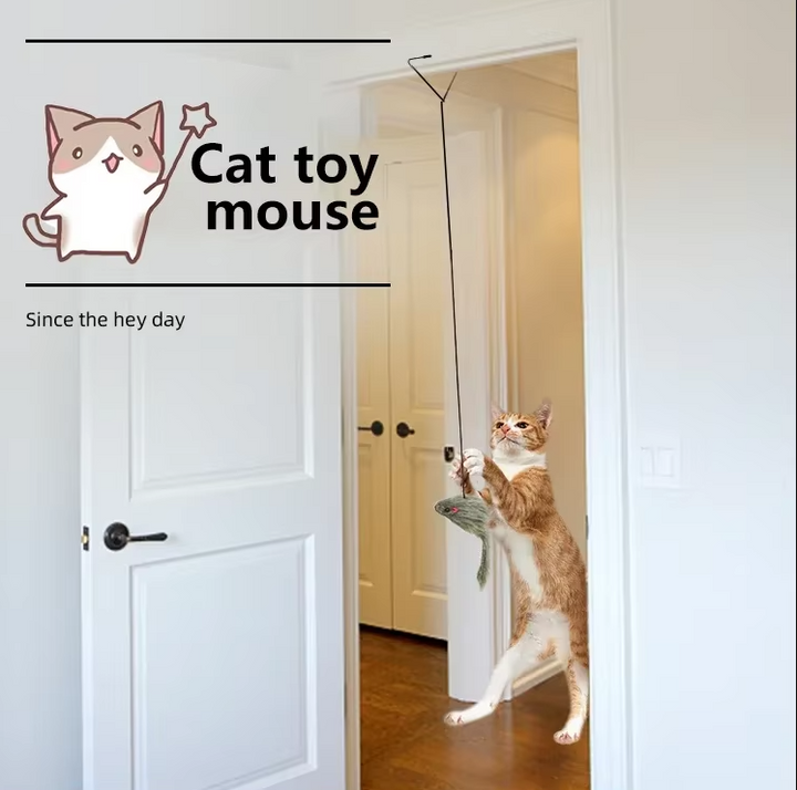 Cat door toy with a jumping mouse, perfect for interactive pet play and feline entertainment.