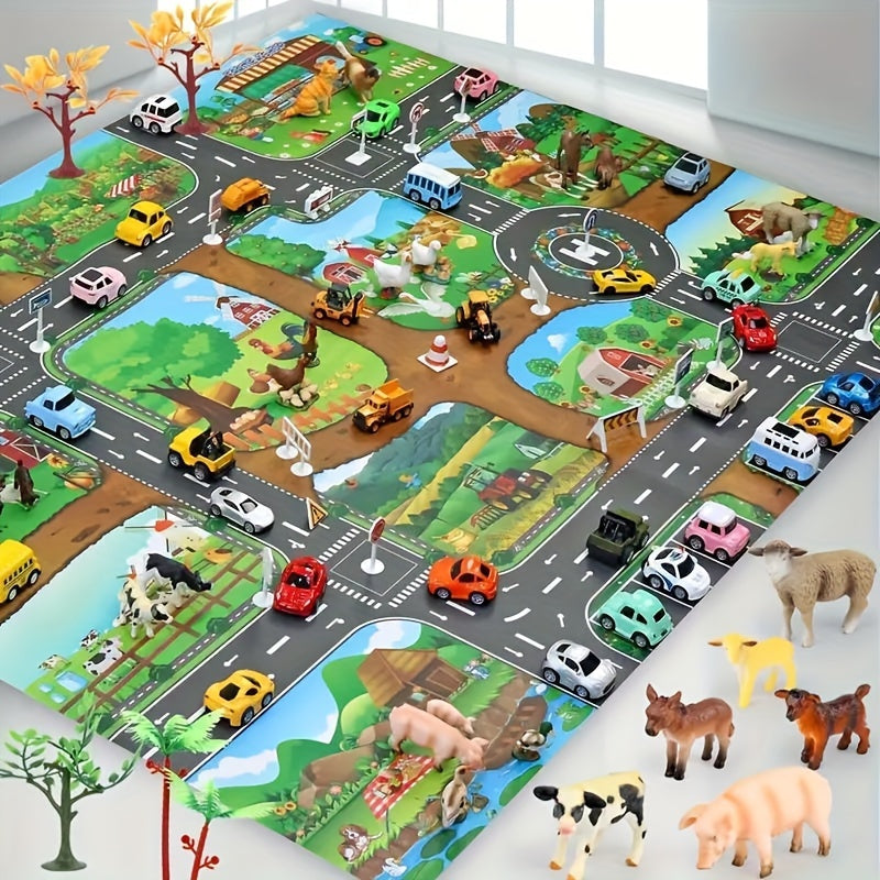 Interactive kids' play mat with farm animals and city traffic scenes for imaginative exploration and motor skill development.