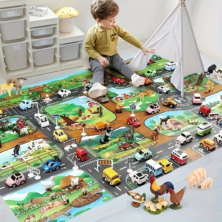 Educational play mat for children, featuring farm adventures & city roads to boost imagination and fine motor skills.
