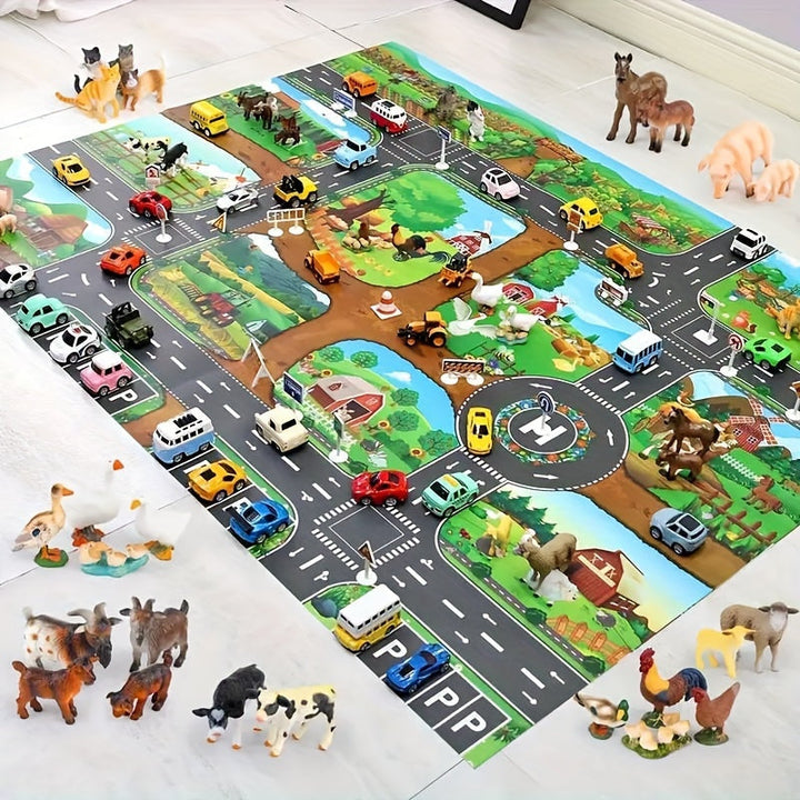 Durable, non-slip interactive play mat for kids, depicting vibrant farm fields and busy traffic routes for safe play.