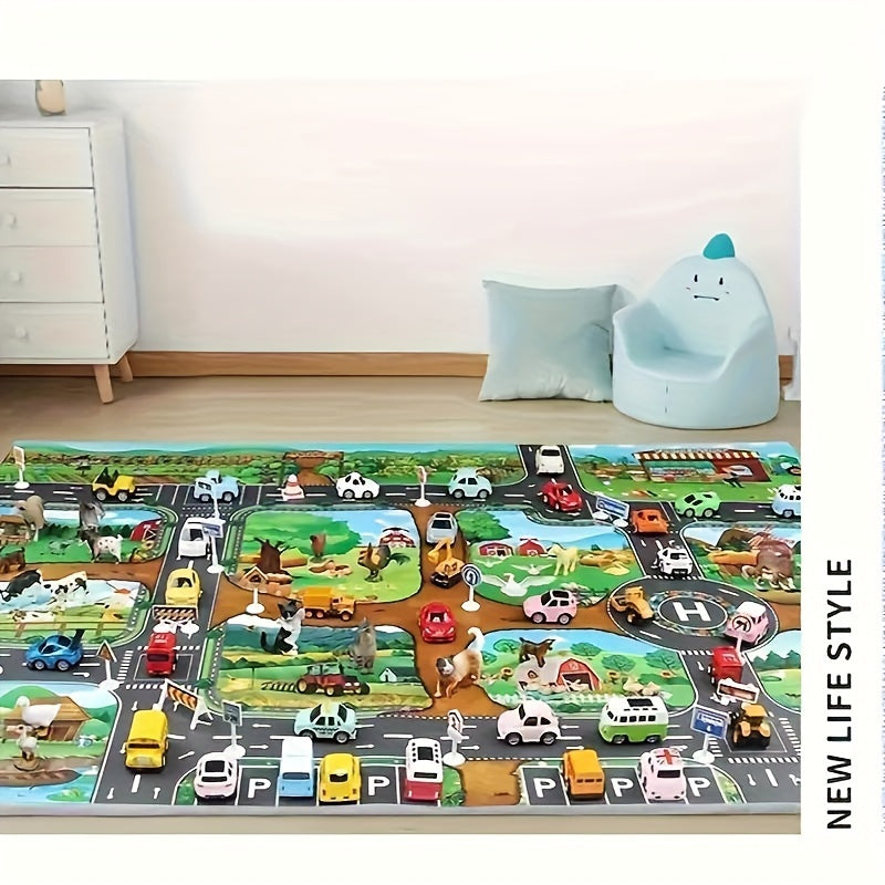 Kids' play mat with farm animals & traffic vehicles, encouraging interactive learning and imaginative storytelling.