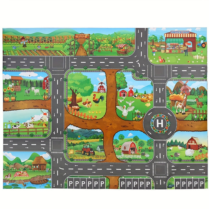 Dual-themed play mat for children: explore a bustling city traffic adventure & a peaceful farm scene.