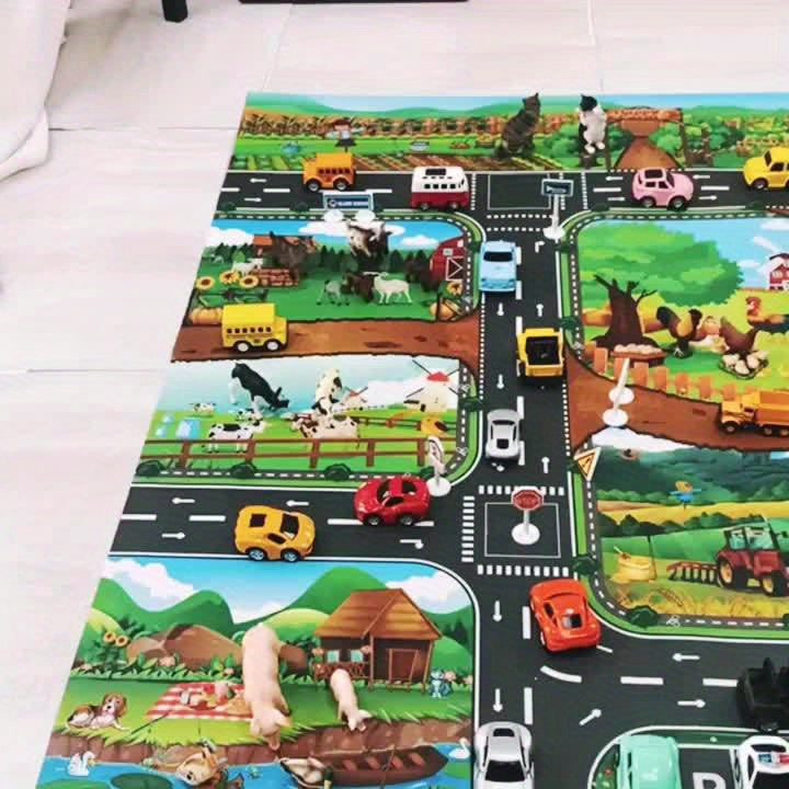 Engaging educational play mat for kids, fostering imagination with farm life and exciting city traffic scenarios.