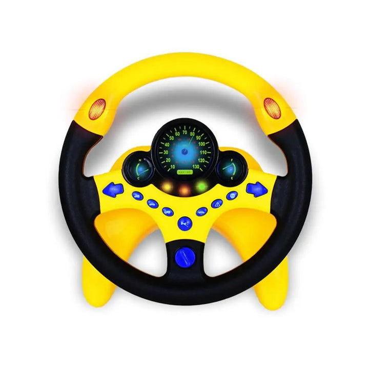 Interactive kids steering wheel toy with flashing lights and realistic driving sounds for pretend play.