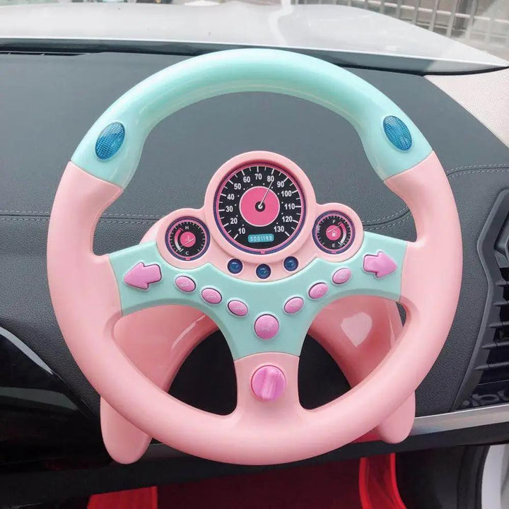 Educational steering wheel toy for kids, promoting motor skills and imaginative play with sound and light features.